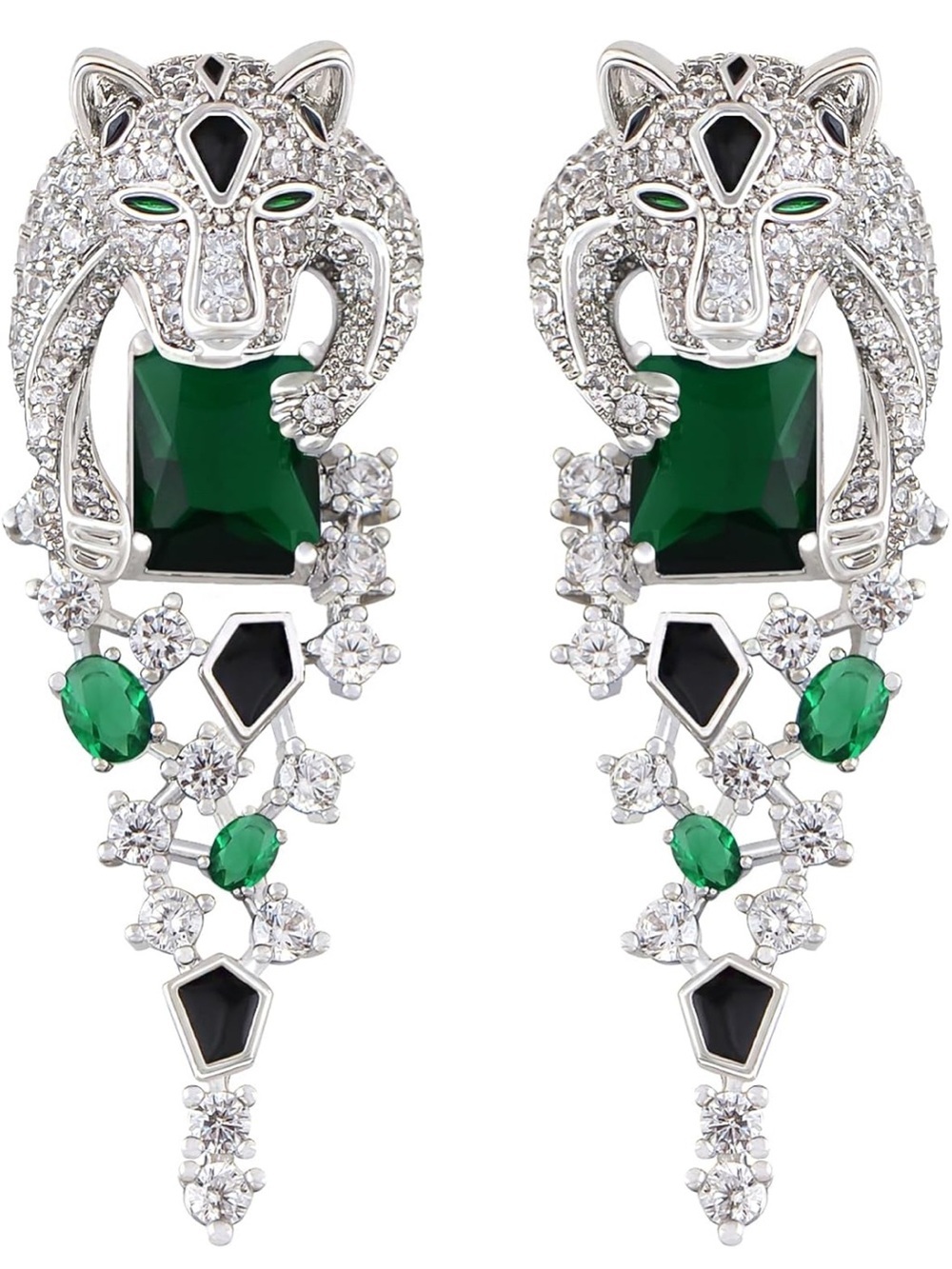 925 Sterling Silver Emerald Green Crystal Panther Drop Earrings